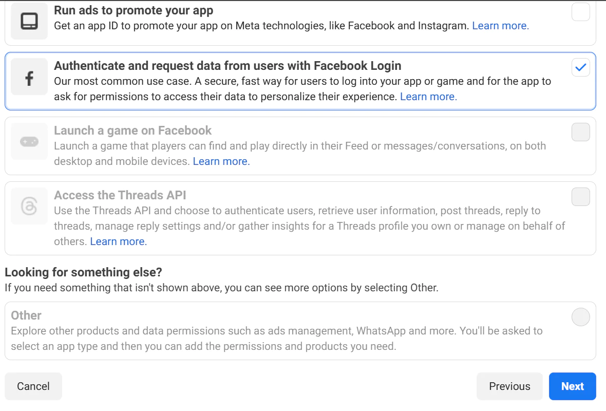 The "Authenticate and request data from users with Facebook Login" option enabled in the Meta/Facebook app setup process.