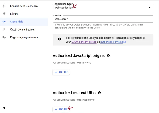 The Credentials section of the Google APIs & Services form with the Application Type and Name filled out.