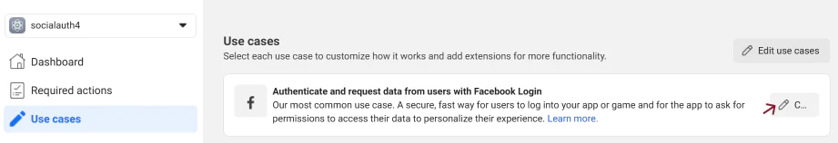 The "use cases" section in the Meta/Facebook app setup process.