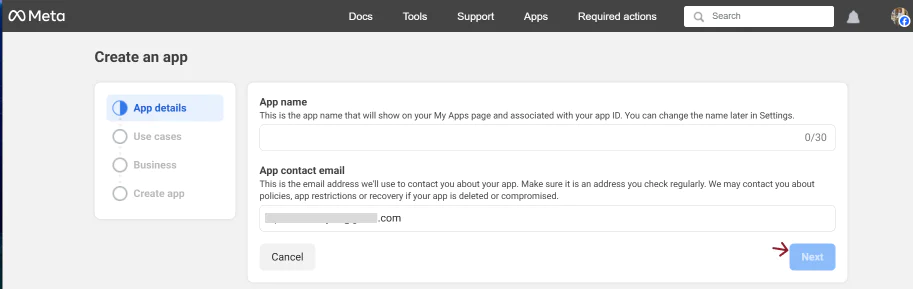 The Meta Create an app form, showing the App details section.
