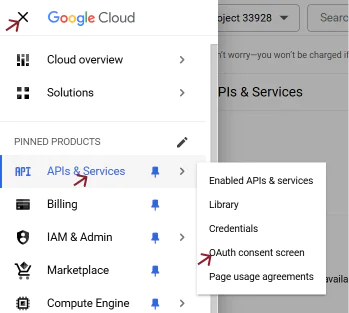 The Google Cloud main navigation showing a path from "APIs & Services" to "OAuth consent screen".