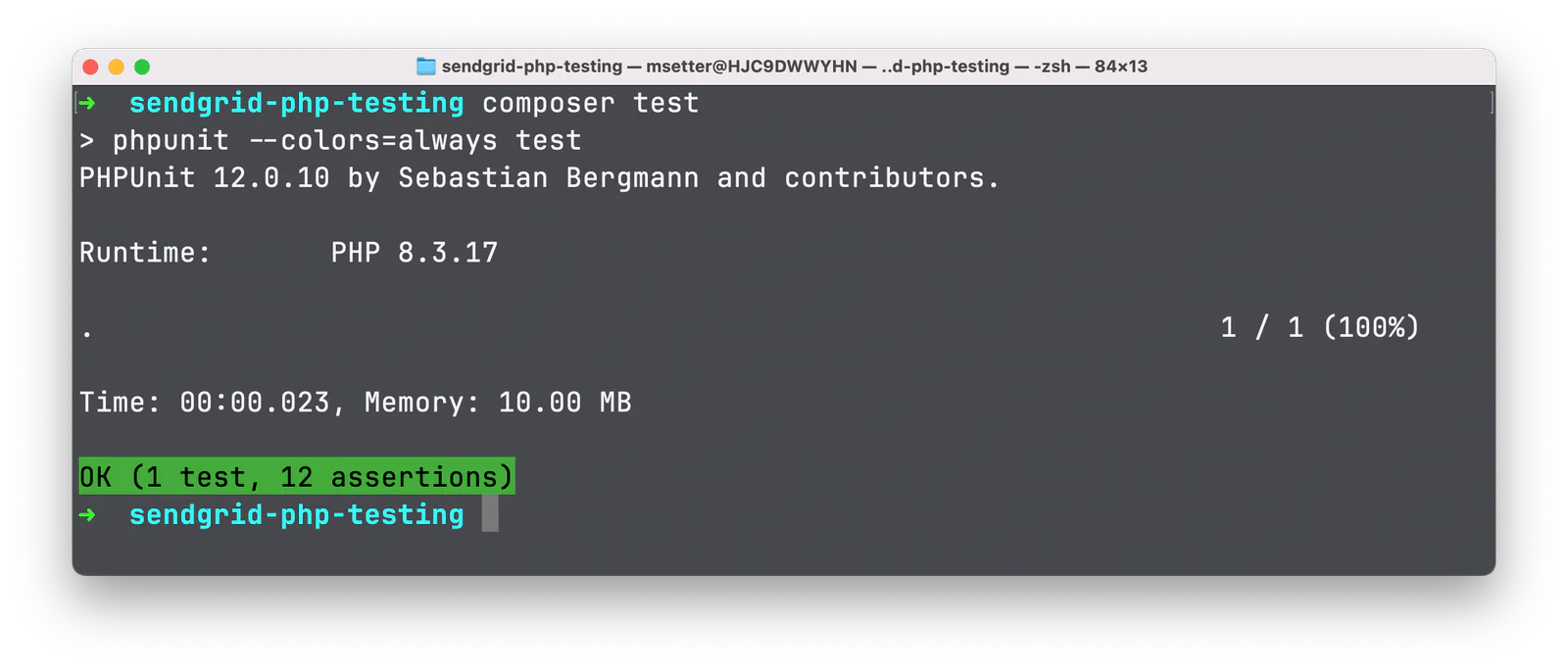 Screenshot of Terminal on macOS showing the output of running PHP tests with PHPUnit