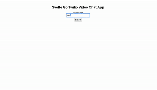 Web interface of Svelte Go Twilio Video Chat App with a field to enter room name and a submit button.