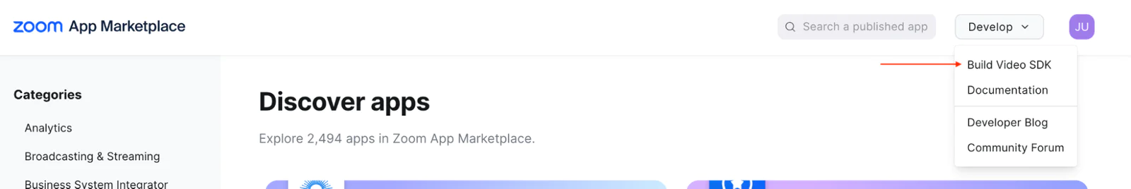 Zoom App Marketplace interface with navigation options Zoom App Marketplace screen showing categories and a dropdown menu under the Develop button