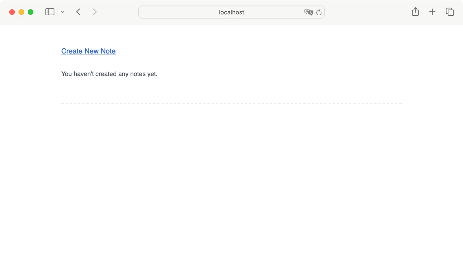 Screenshot of a note-taking app with no notes created and a Create New Note link. Screenshot of the note-taking app in Safari on macOS with no notes created, with a Create New Note link near the top left of the page.