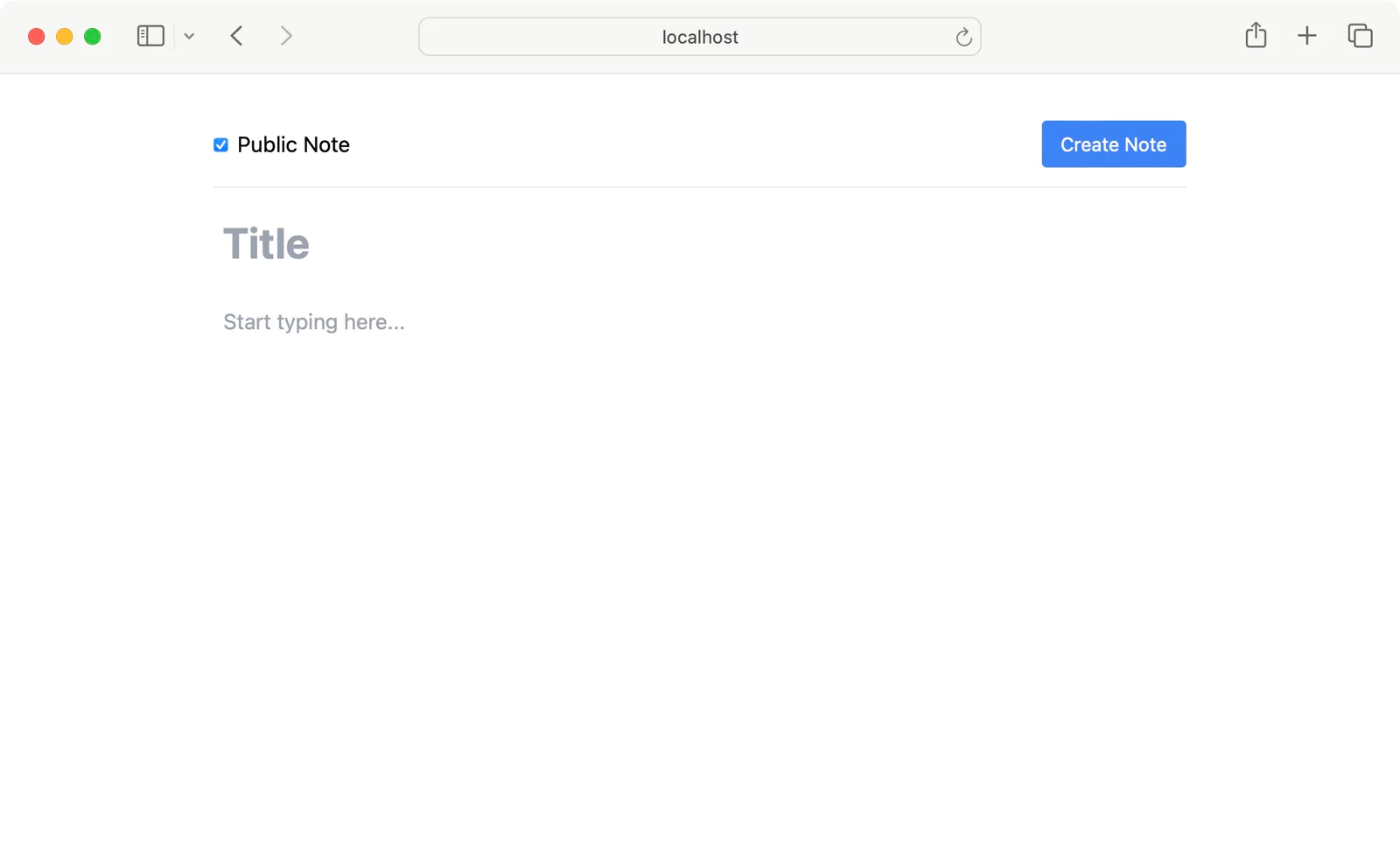 Note-taking Interface on Web Browser. Screenshot of the note-taking app in Safari on macOS showing the edit note form, blank, with a Create Note button near the top right-hand corner.
