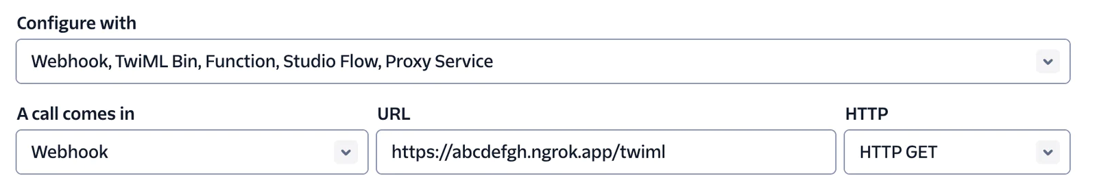 Screenshot of telephony service setup with Webhook, URL, and HTTP GET selections. A screenshot showing Twilio console call service