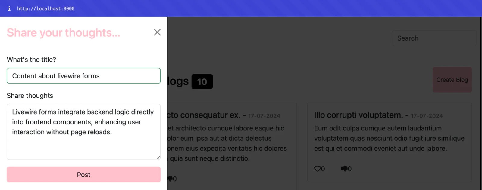 Popup for user to share thoughts on content about Livewire forms on a blog website Popup for user to share thoughts on content about Livewire forms on a blog website