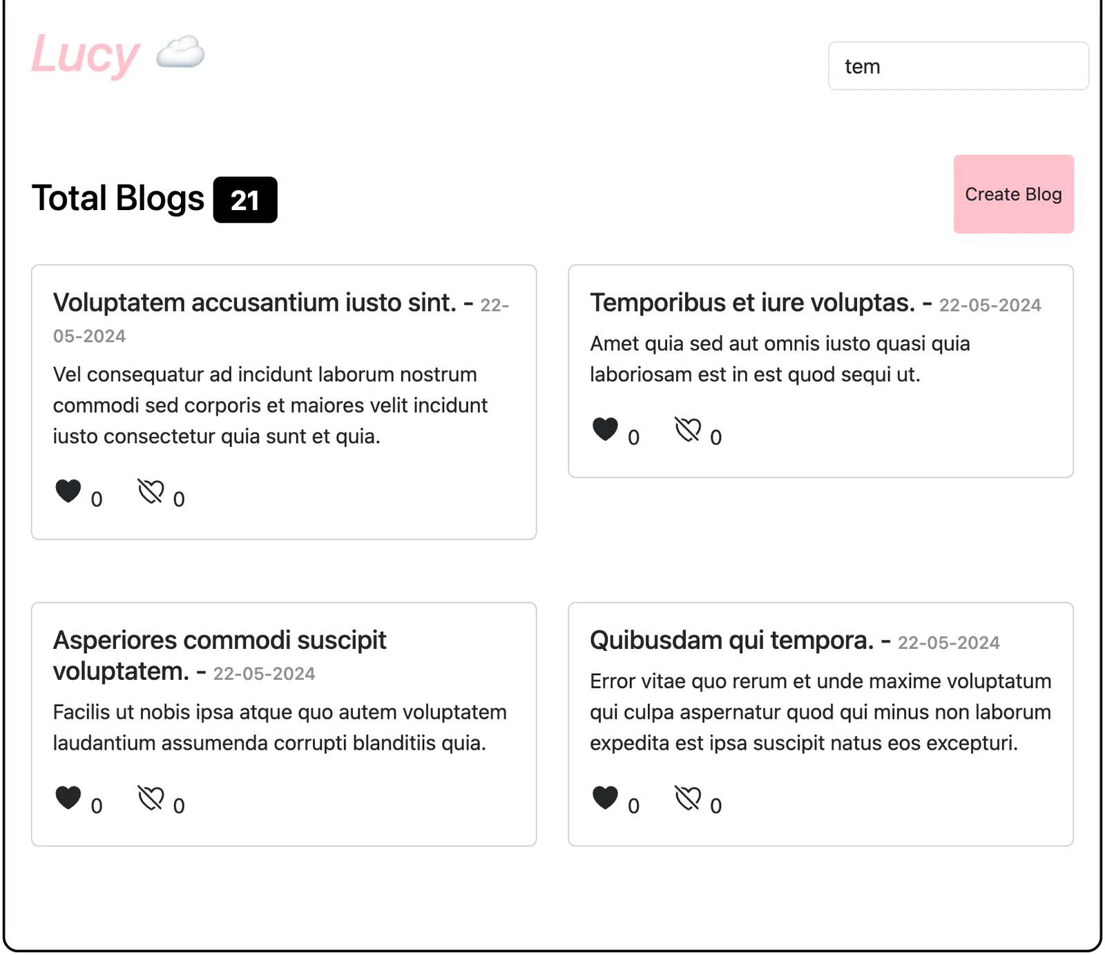 Dashboard with blog stats, four blog previews, and a button to create new blog Dashboard with blog stats, four blog previews, and a button to create new blog
