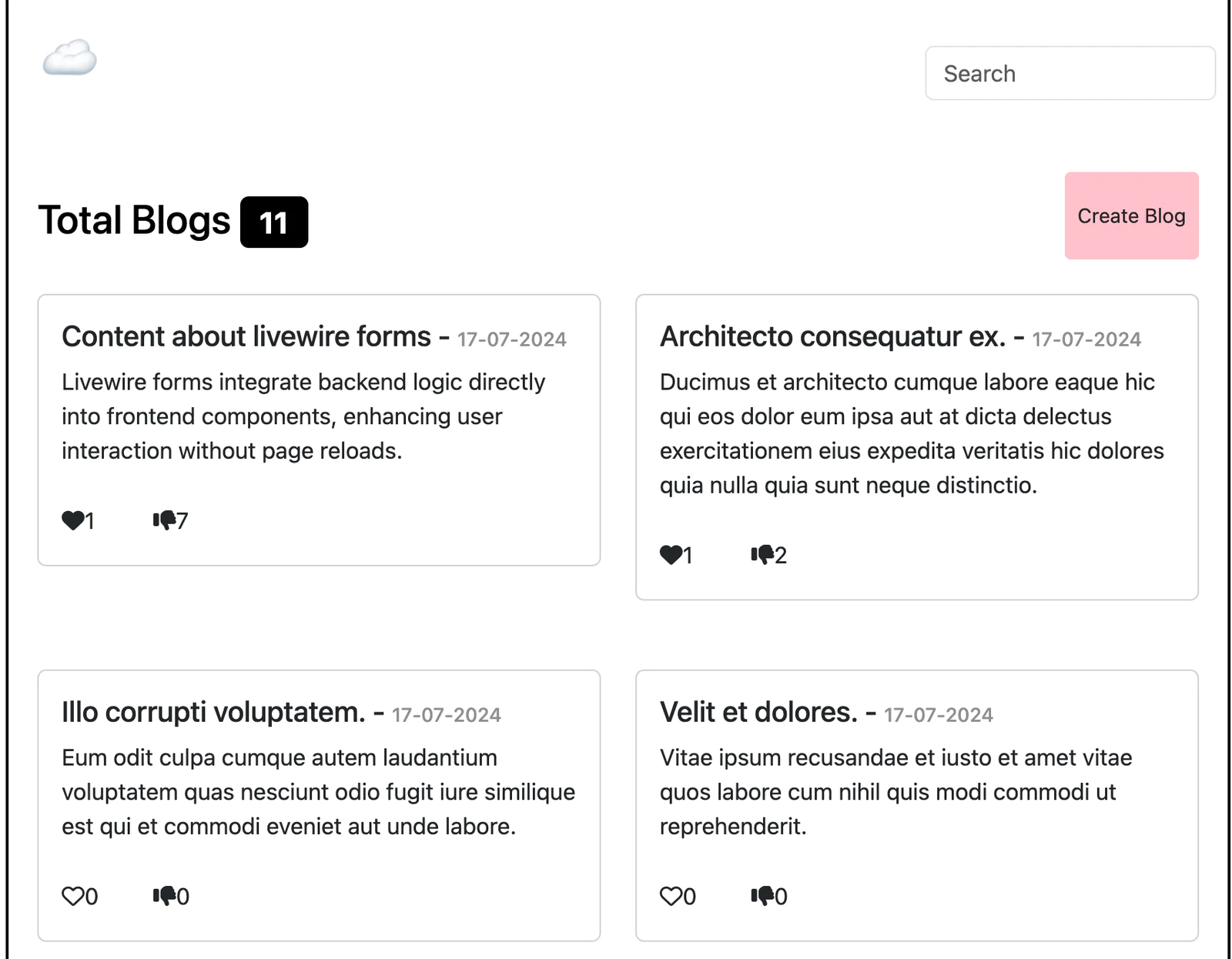 Interface displaying a blog dashboard with different posts, interaction buttons and options to create a new post. Interface displaying a blog dashboard with different posts, interaction buttons and options to create a new post.