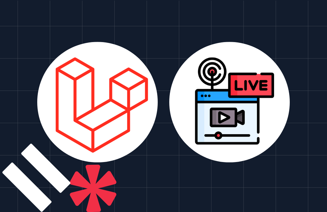 Icons of Laravel framework logo and a live streaming service on a dark grid background.