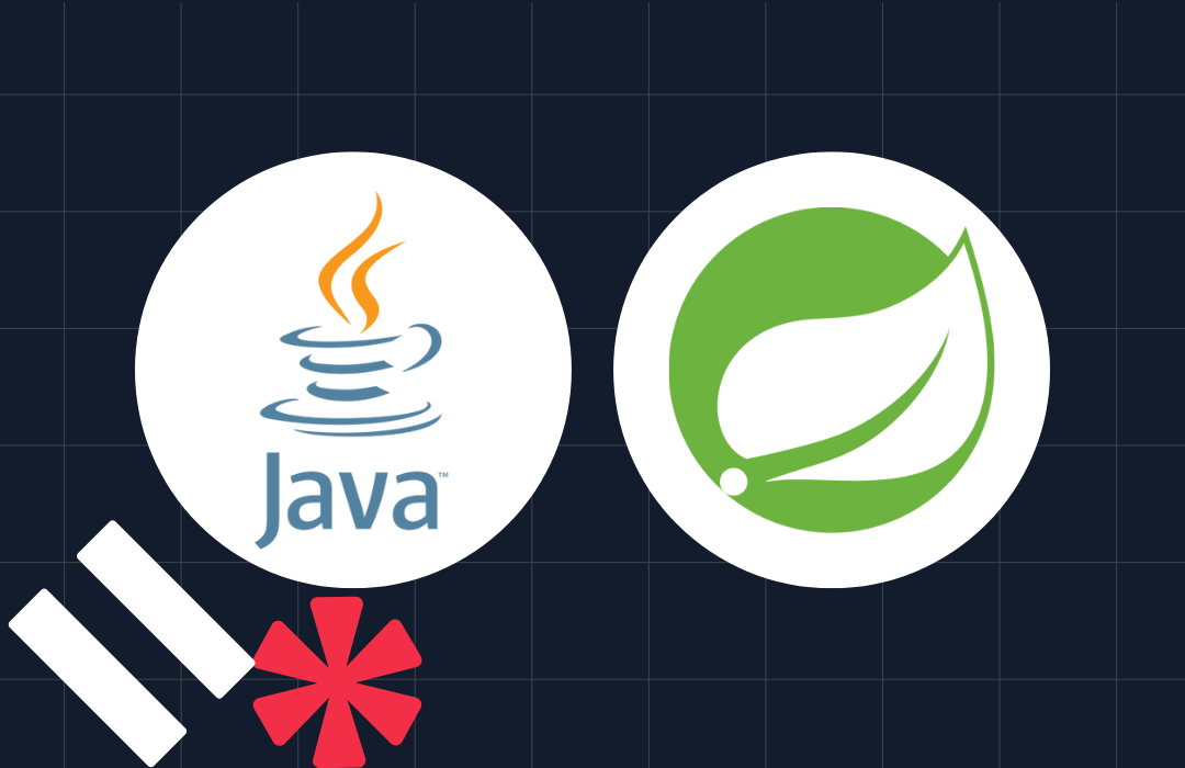 Logos of Java and Spring Framework on a dark grid background with a red asterisk and white design elements.