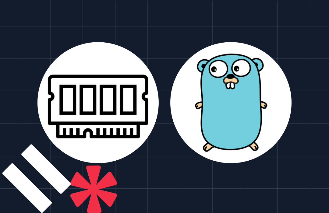 Memory chip icon and Gopher mascot in white circles on a grid background with red asterisk and white bars.