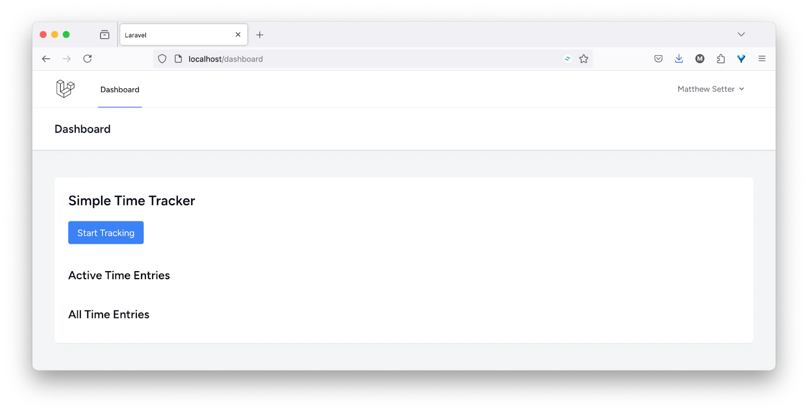 Screenshot of a Laravel dashboard with a Start Tracking button for a simple time tracker. Screenshot of a Laravel dashboard with a Start Tracking button for a simple time tracker.