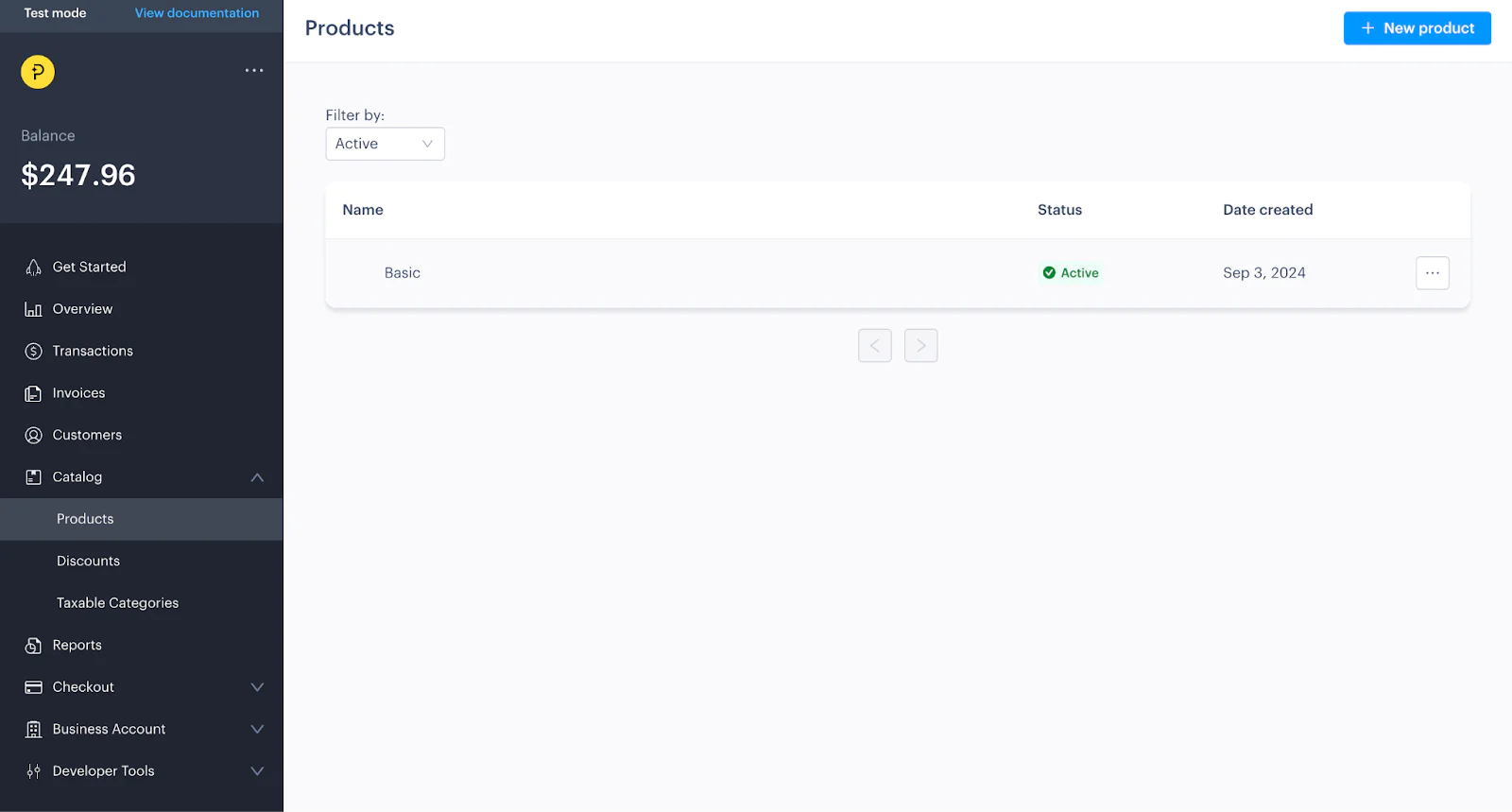 Dashboard showing a list of active products with a balance of $247.96 and navigation menu on the left side. Dashboard showing a list of active products with a balance of $247.96 and navigation menu on the left side.