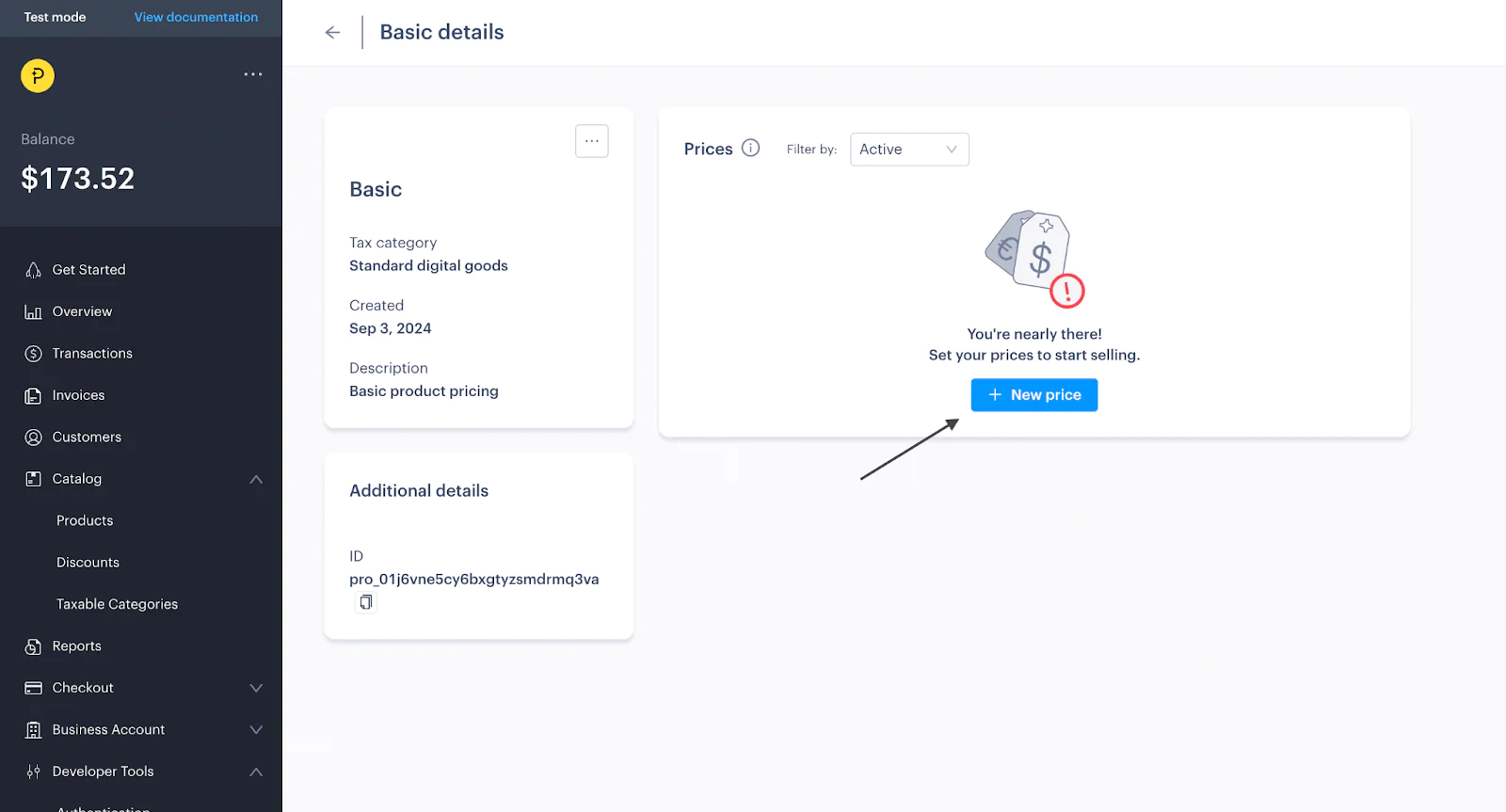 Screen showing basic account details with a balance of $173.52 and prompt to set prices to start selling. Screen showing basic account details with a balance of $173.52 and prompt to set prices to start selling.