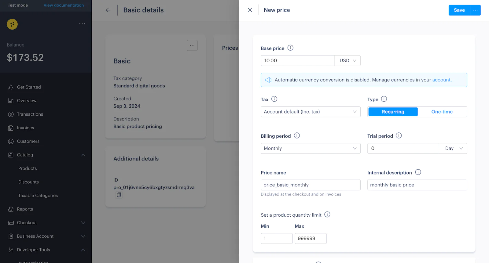 Screenshot of a pricing management interface showing price setup for a new recurring subscription. Screenshot of a pricing management interface showing price setup for a new recurring subscription.