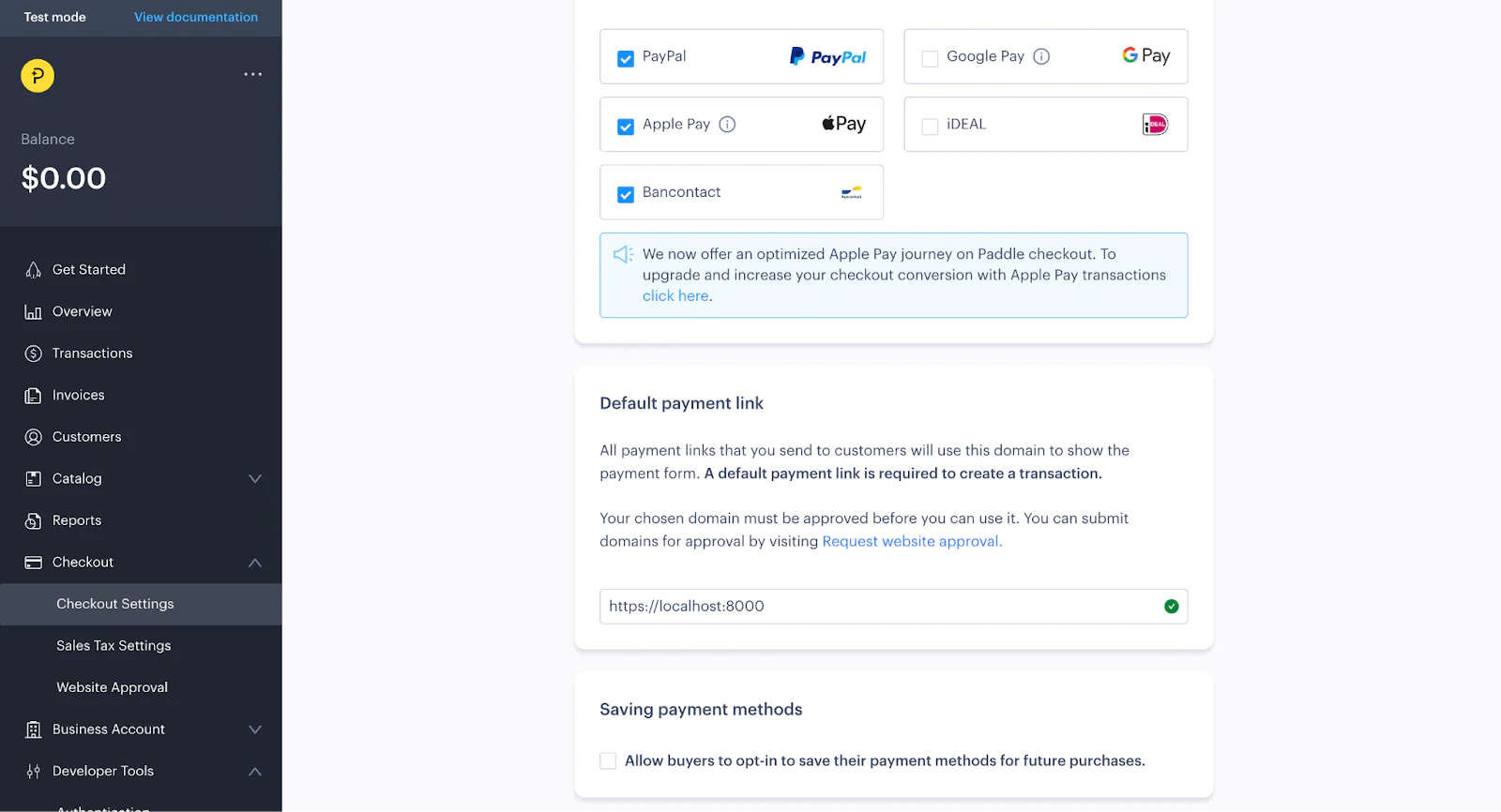 A settings page for configuring online payment methods including PayPal, Google Pay, and Apple Pay options. A settings page for configuring online payment methods including PayPal, Google Pay, and Apple Pay options.