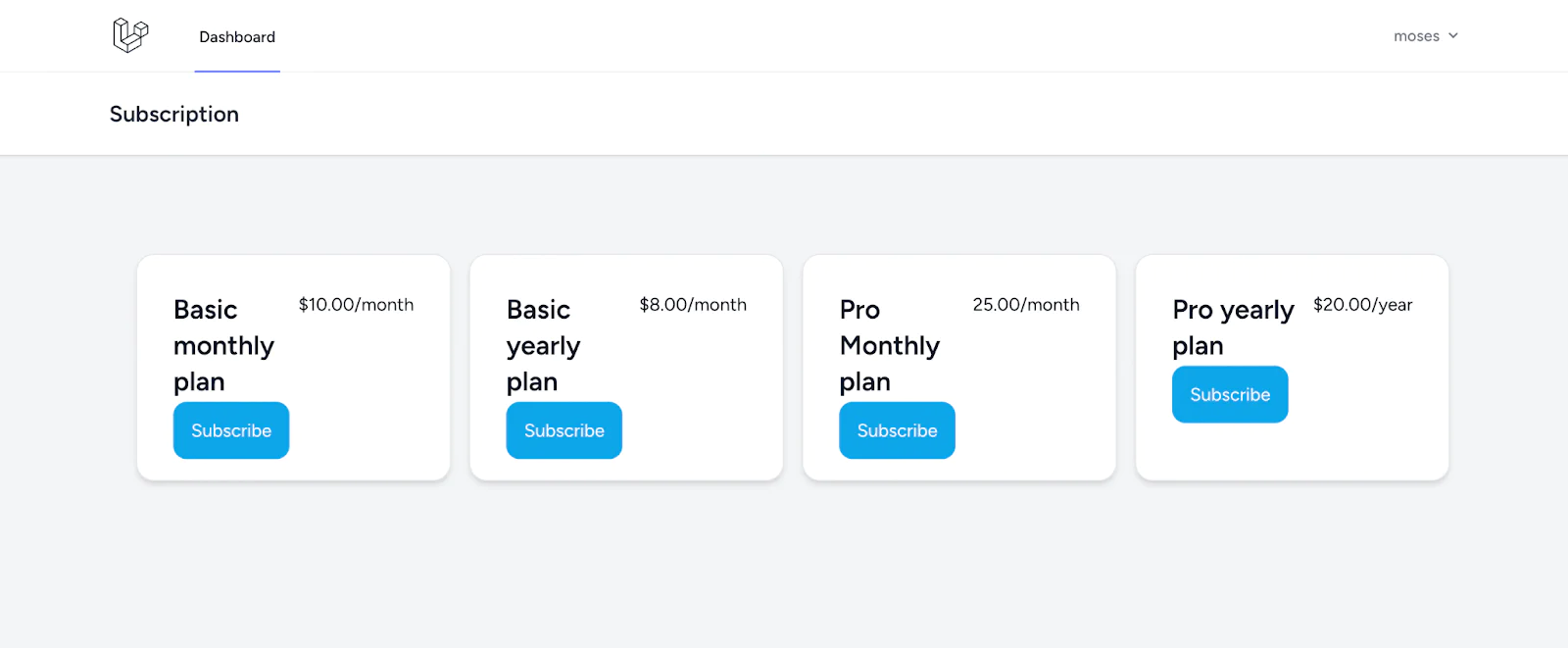 Four subscription plans including basic monthly, basic yearly, pro monthly, and pro yearly with prices and subscribe buttons. Four subscription plans including basic monthly, basic yearly, pro monthly, and pro yearly with prices and subscribe buttons.