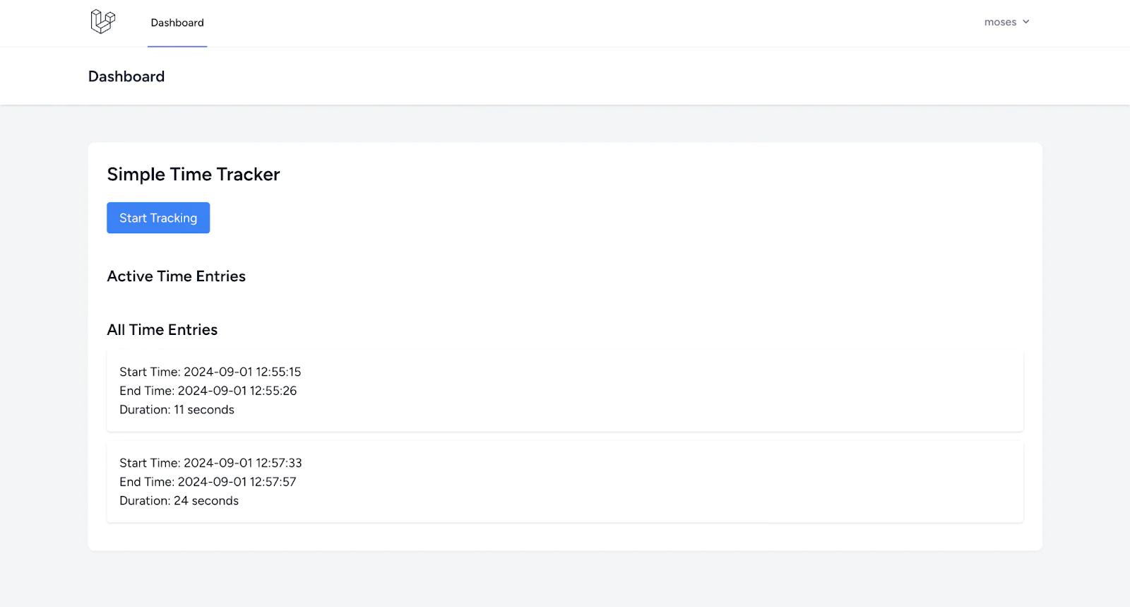 Screenshot of a dashboard displaying a simple time tracker with active and all time entries Screenshot of a dashboard displaying a simple time tracker with active and all time entries
