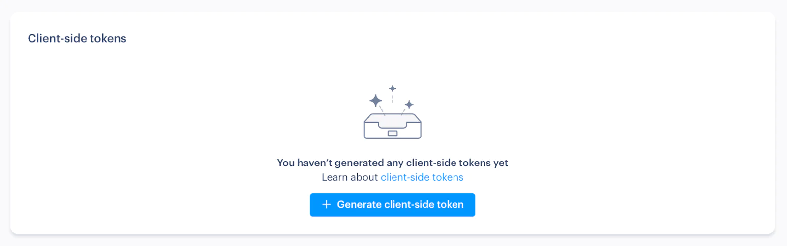 Client-side tokens page indicating no tokens generated with a button to generate new tokens. Client-side tokens page indicating no tokens generated with a button to generate new tokens.