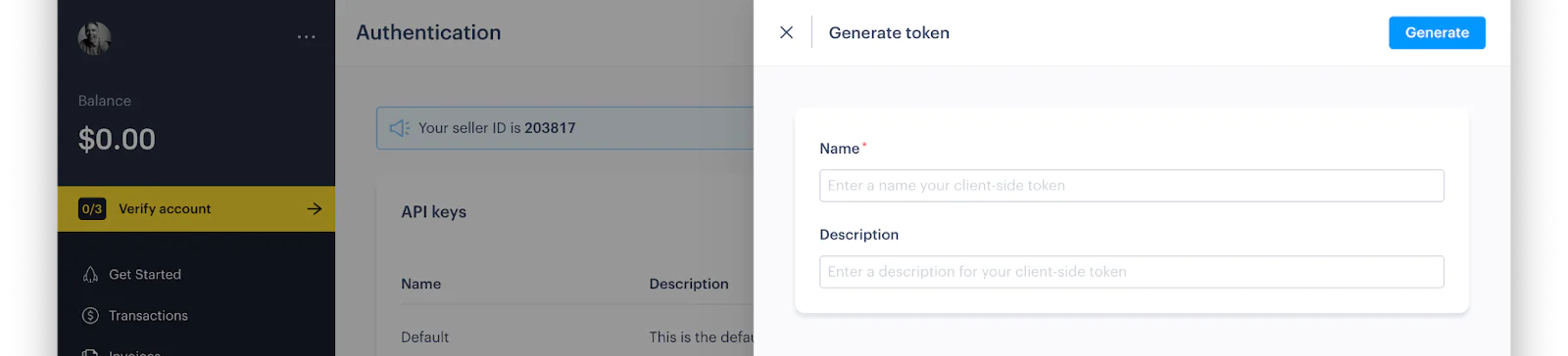 Screen showing API keys dashboard and form to generate a new token with name and description fields. Screen showing API keys dashboard and form to generate a new token with name and description fields.
