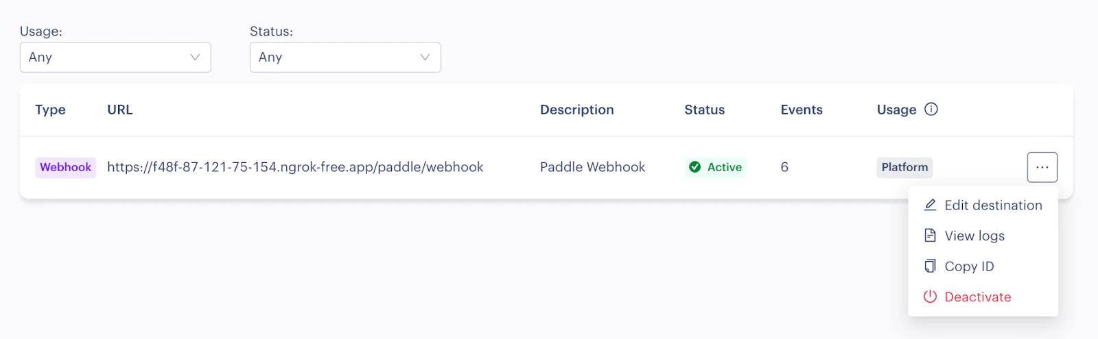 Screenshot of a webhook management interface with edit, view logs, copy ID, and deactivate options. Screenshot of a webhook management interface with edit, view logs, copy ID, and deactivate options.