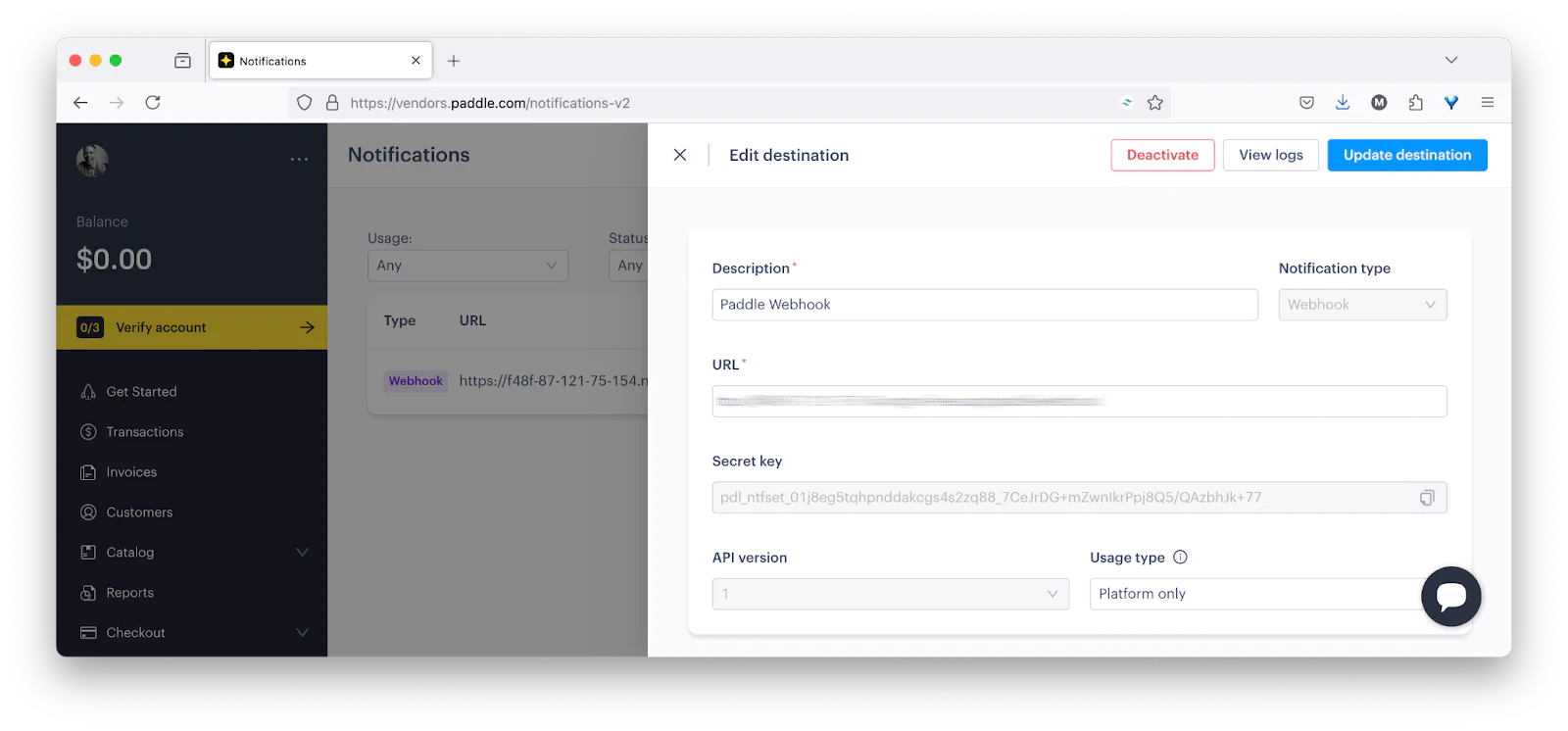 Screen showing Paddle webhook configuration with URL, secret key, and notifications settings. Screen showing Paddle webhook configuration with URL, secret key, and notifications settings.