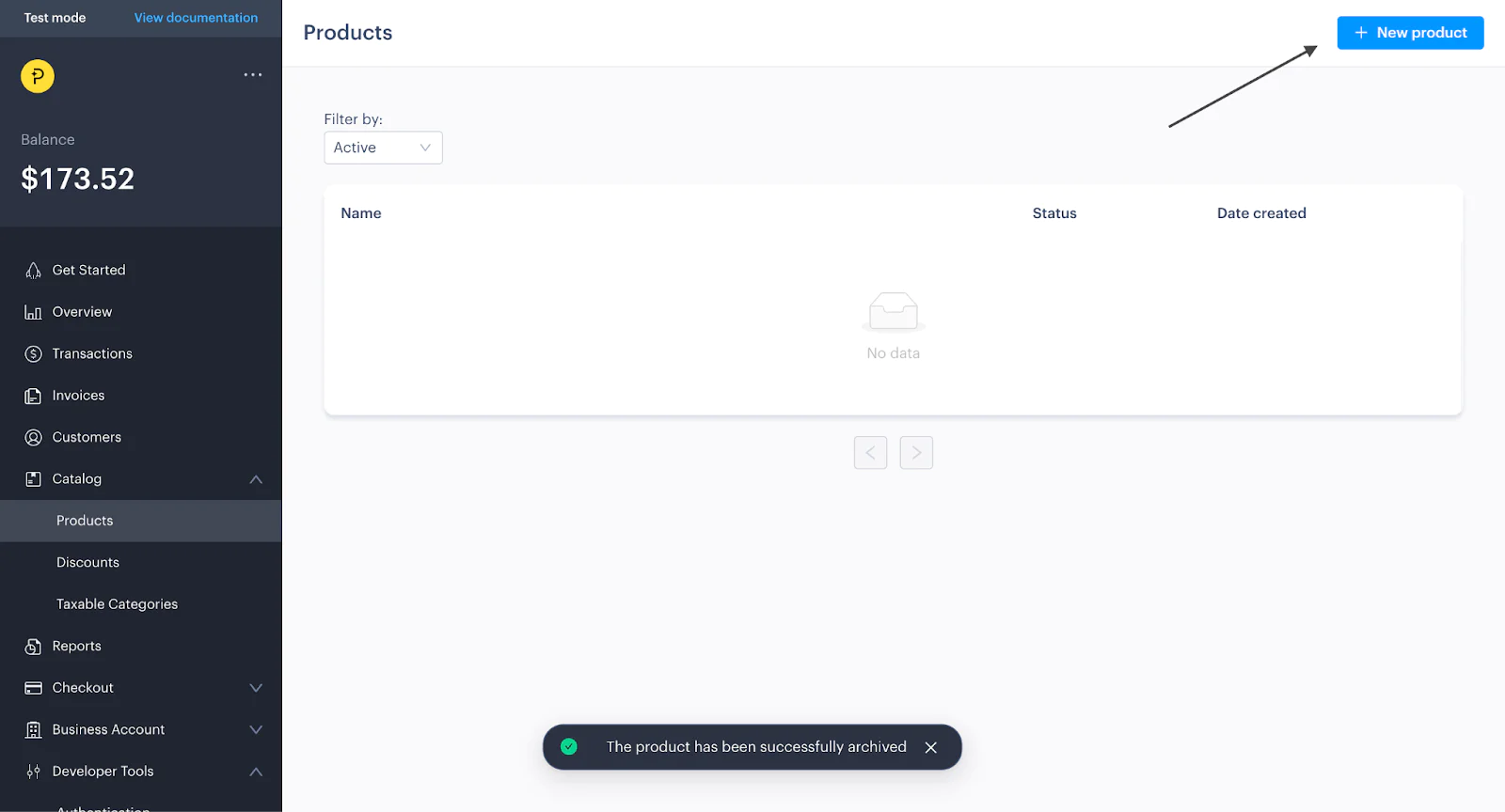 An online dashboard displaying a products page with no data and a New product button. An online dashboard displaying a products page with no data and a New product button.