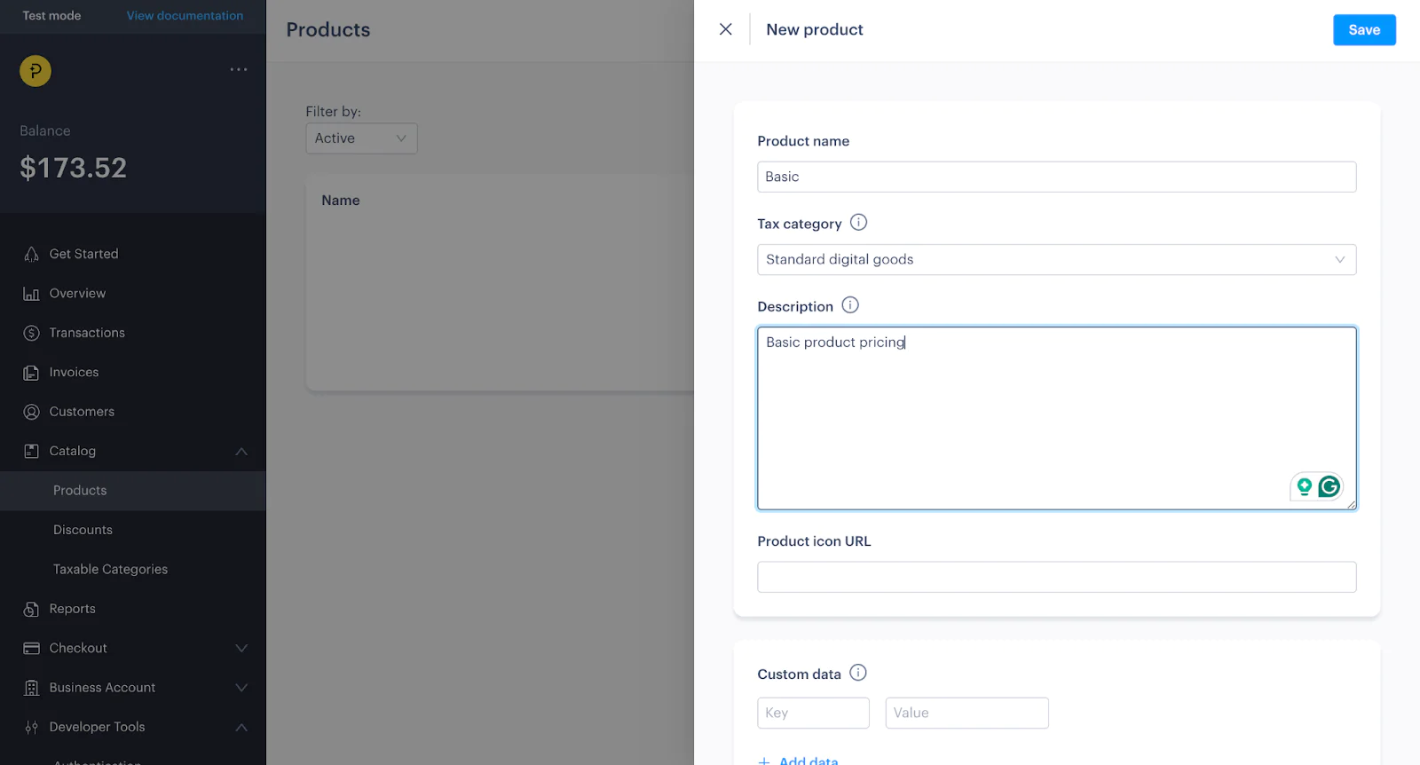 Screenshot of a web interface showing the form to add a new product with fields for name, category, description, and icon URL. Screenshot of a web interface showing the form to add a new product with fields for name, category, description, and icon URL.