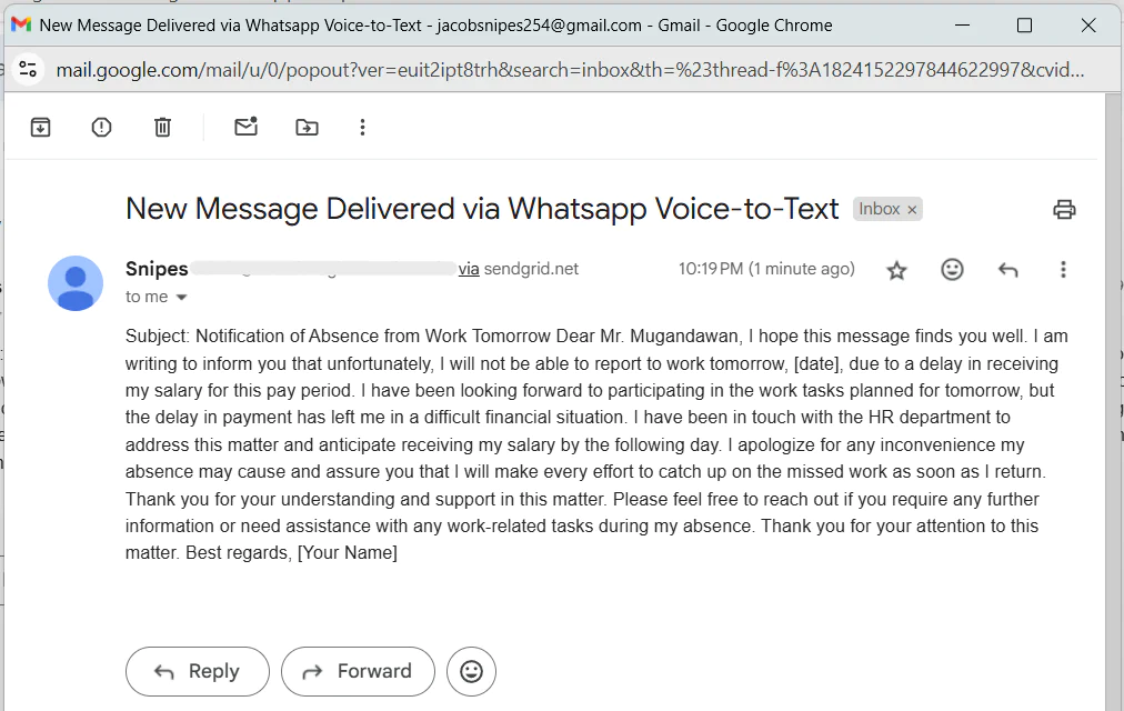 Transcribed Personalized Email