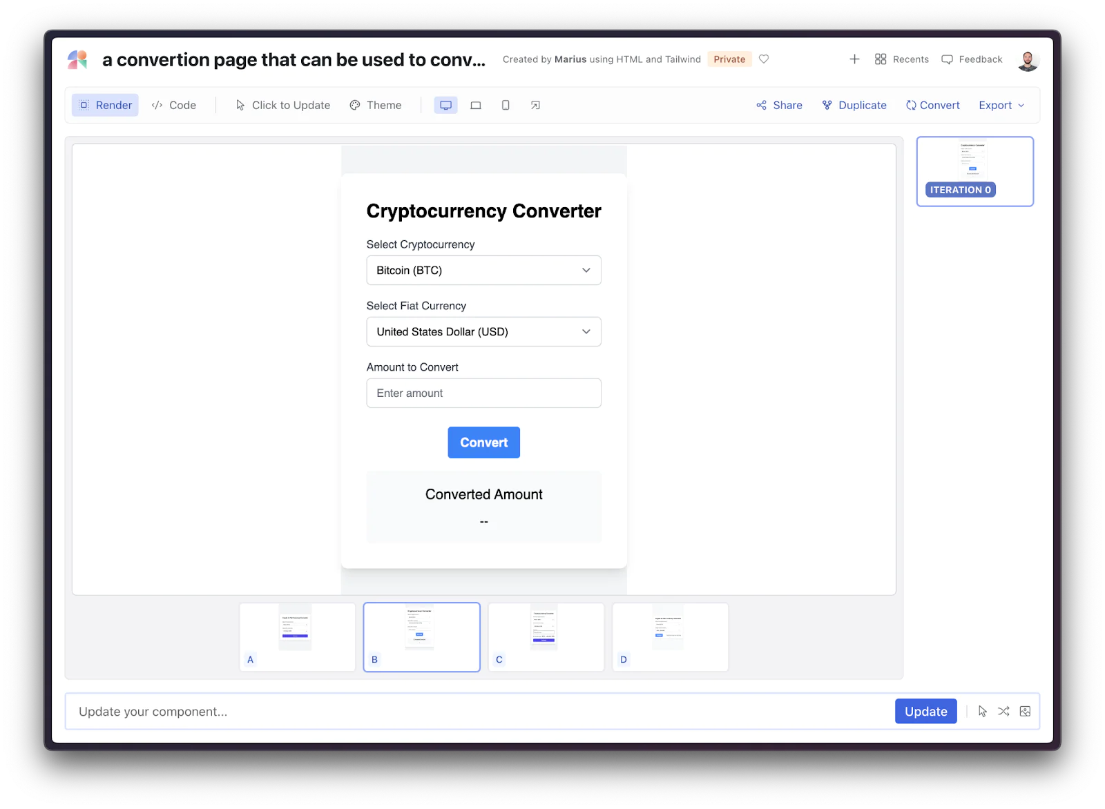 The AI has been prompted to build a simple form-like page and was able to render all relevant boxes and suggest reasonable values as options for the select input.