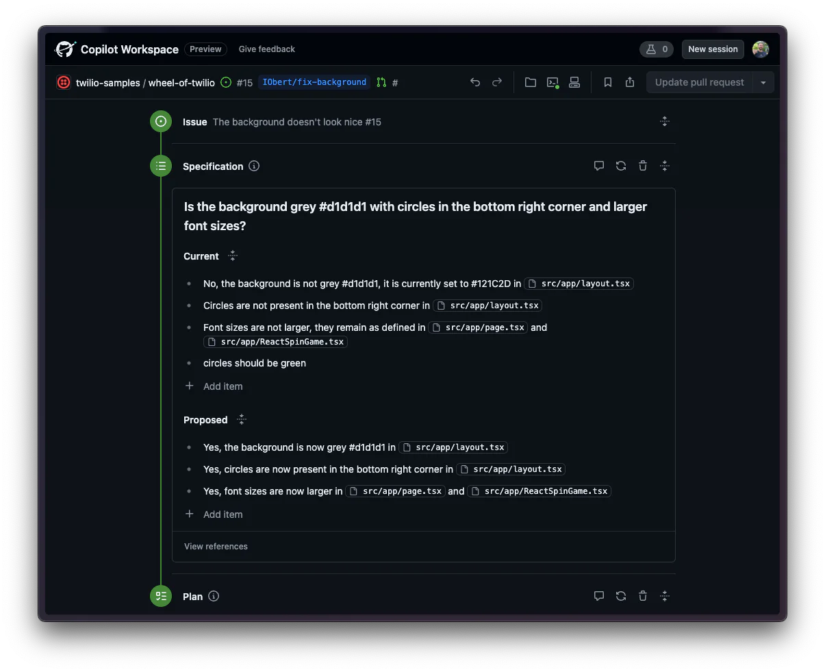 The AI tool showing the specs it derived from the reported issue. It also shows the next step in the process to fix the problem