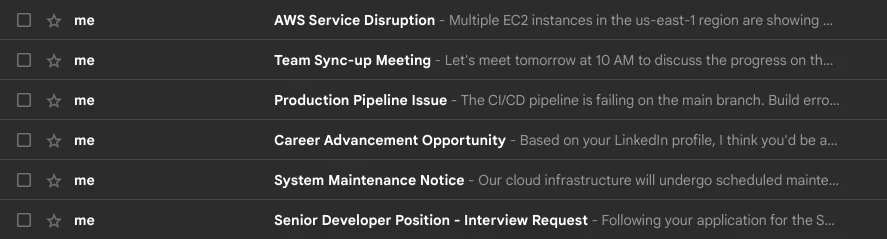 Screenshot of an email inbox with six unread notifications from various subjects. Screenshot of an email inbox with six unread notifications from various subjects.