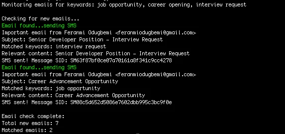Log displaying monitoring of emails for job-related keywords and sending SMS alerts for important messages. Log displaying monitoring of emails for job-related keywords and sending SMS alerts for important messages.
