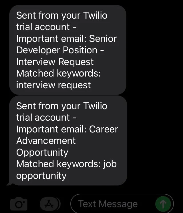 Two text messages from Twilio trial account about interview request and job opportunity. Two text messages from Twilio trial account about interview request and job opportunity.