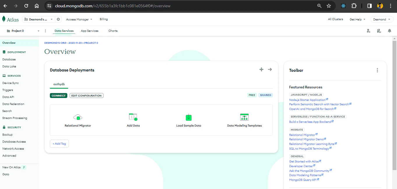 MongoDB Atlas dashboard showing a cluster deployed.