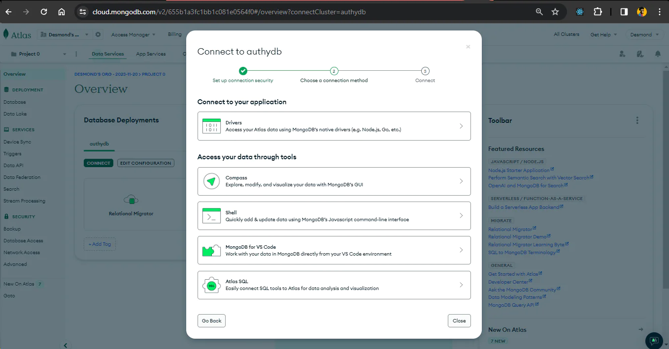 Connection options to connect to your Atlas cluster.