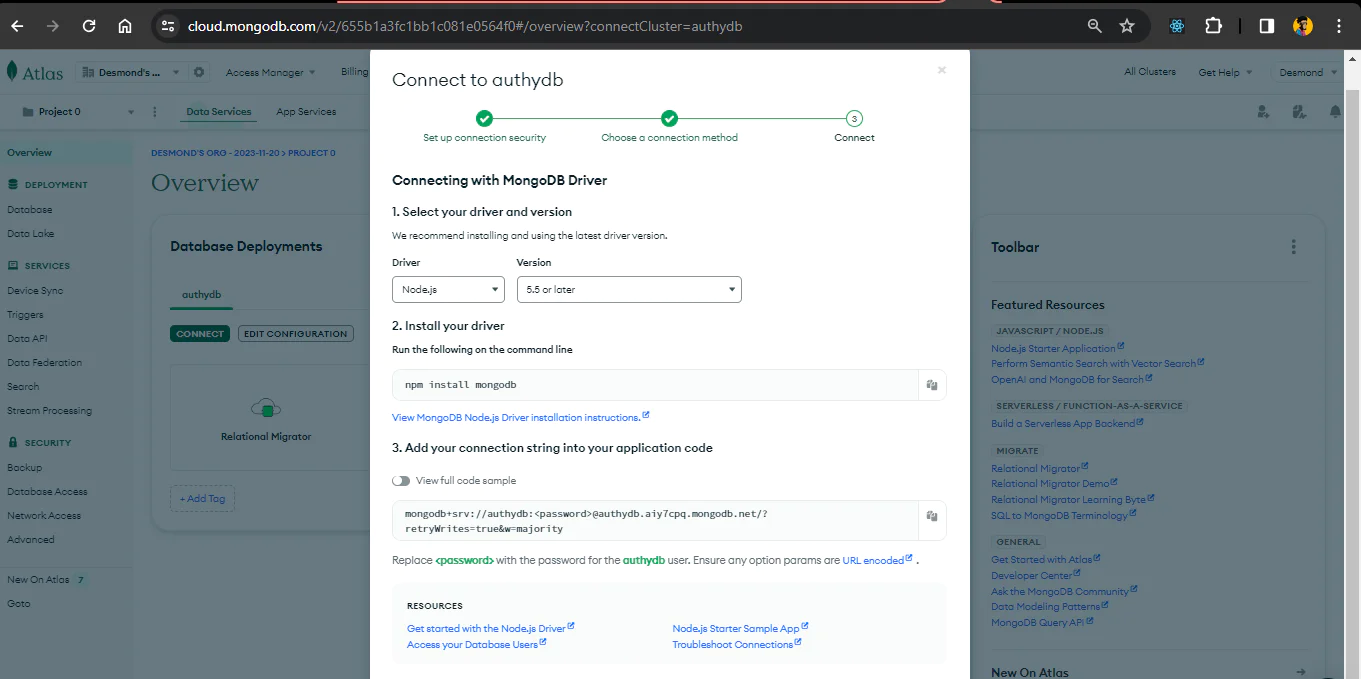 Connection options for using MongoDB Node.js driver.