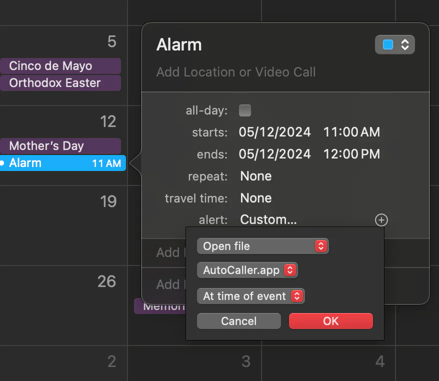 Setting up the custom alert on Mac Calendar App