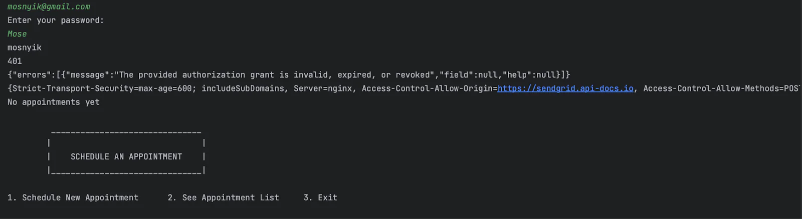 Terminal window showing an error message about an invalid or expired authorization grant during scheduling. Terminal window showing an error message about an invalid or expired authorization grant during scheduling.