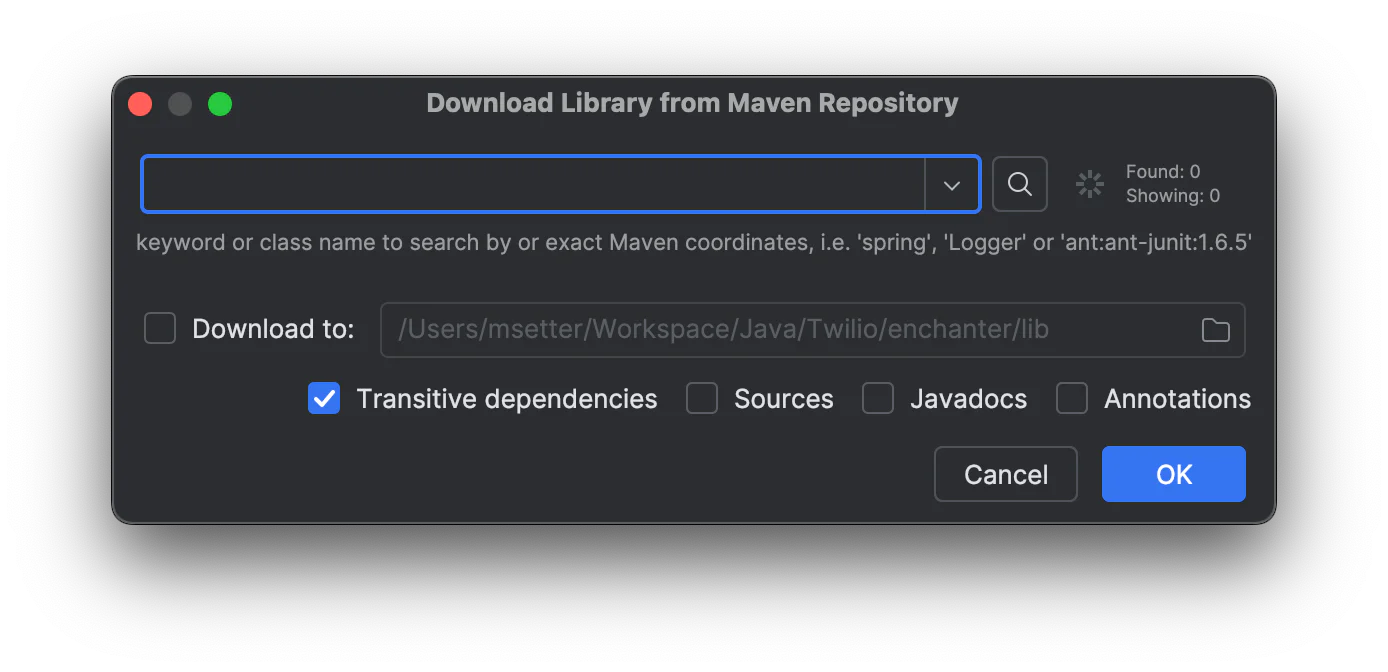 Dialog box for downloading libraries from Maven Repository with options for transitive dependencies and sources. Dialog box for downloading libraries from Maven Repository with options for transitive dependencies and sources.