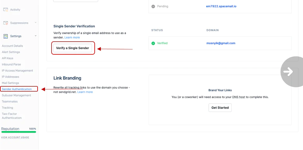 Screenshot of settings page for sender verification and link branding with options to verify a single sender and brand links. Screenshot of settings page for sender verification and link branding with options to verify a single sender and brand links.