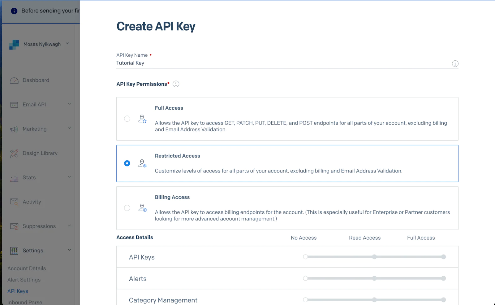 Interface for creating an API key with options for Full Access, Restricted Access, and Billing Access click on Restricted Access