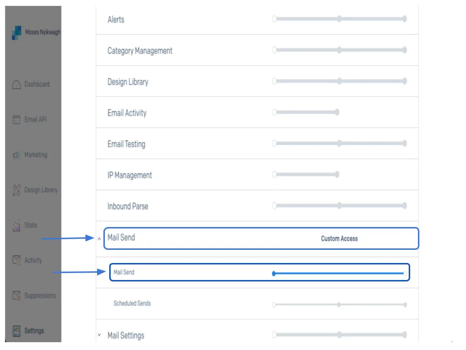 User permissions settings screen showing Mail Send access with specific custom and scheduled settings highlighted. click on 'Mail Send' and then toggle 'send mail' on