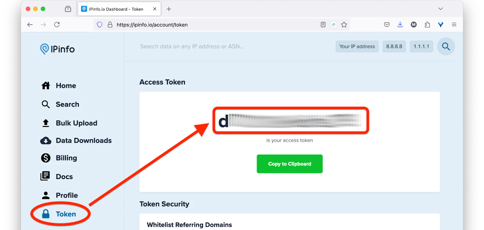 Screenshot of IPinfo dashboard showing an access token and an option to copy it to the clipboard. Screenshot of IPinfo dashboard showing an access token and an option to copy it to the clipboard.