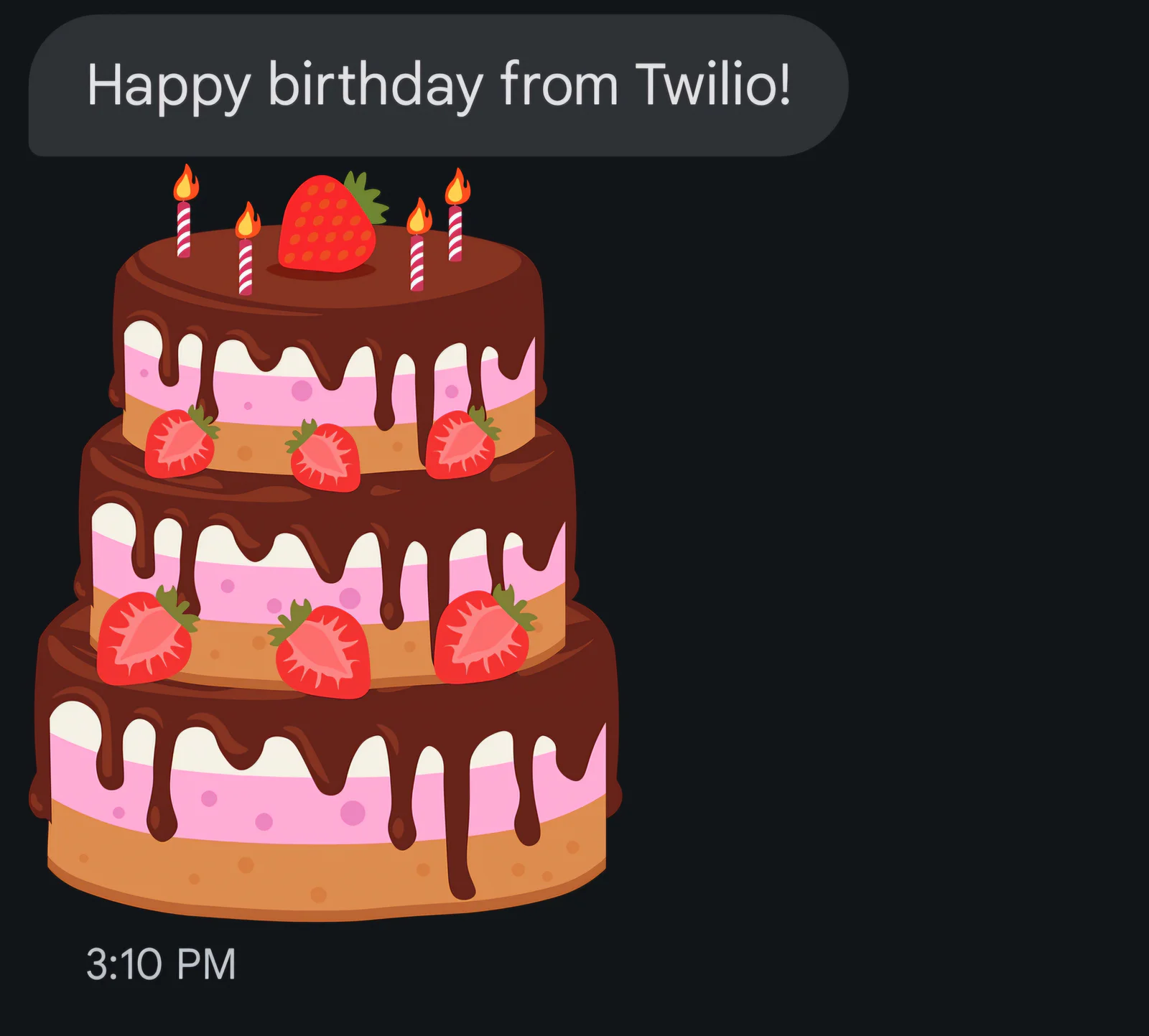 Final result of text. It says "Happy birthday from Twilio" and shows a cake picture