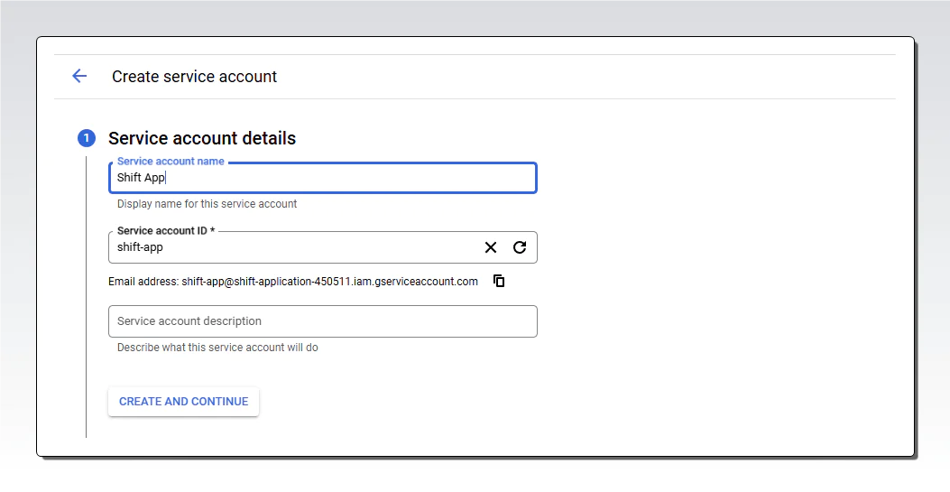 User interface for creating a service account on cloud platform with fields for name, ID, email, and description. Service account creation form