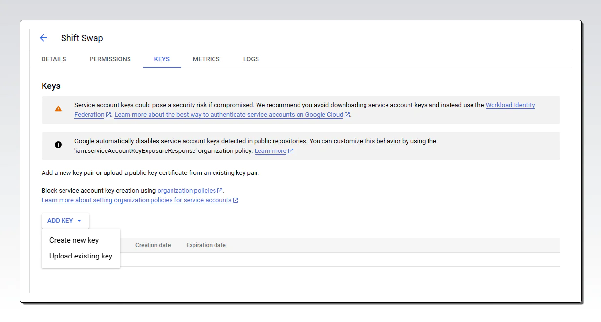 Service account keys management screen with options to create or upload keys and security recommendations. Screenshot of credentials page on Google cloud