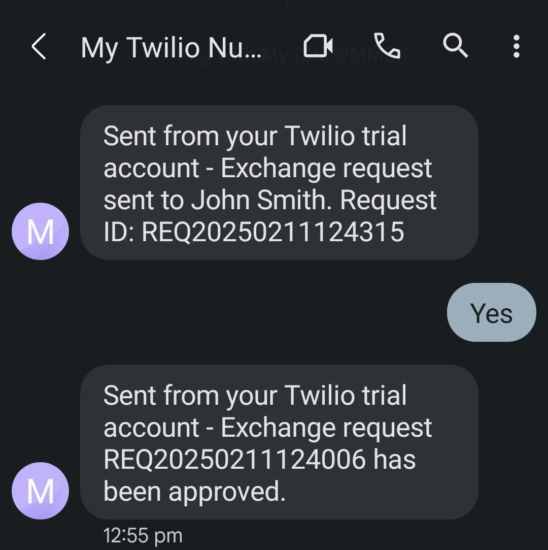 Text messages from Twilio about exchange request sent and approved. Screenshot of shift request response